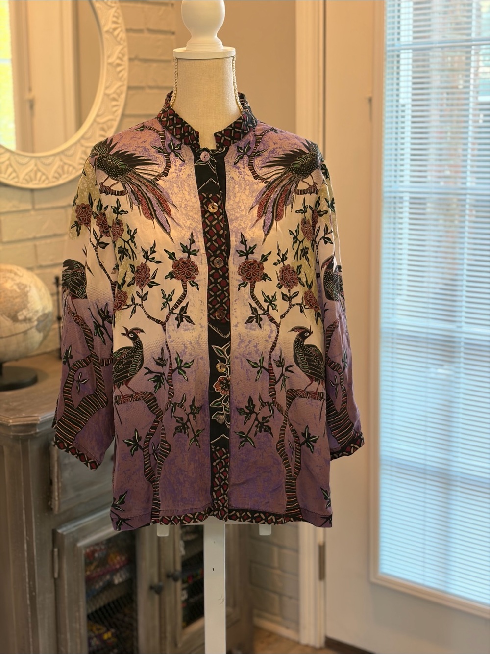 Citron Santa Monica 100% Silk Bird Asian Button Blouse L Mandarin Collar FLAWS